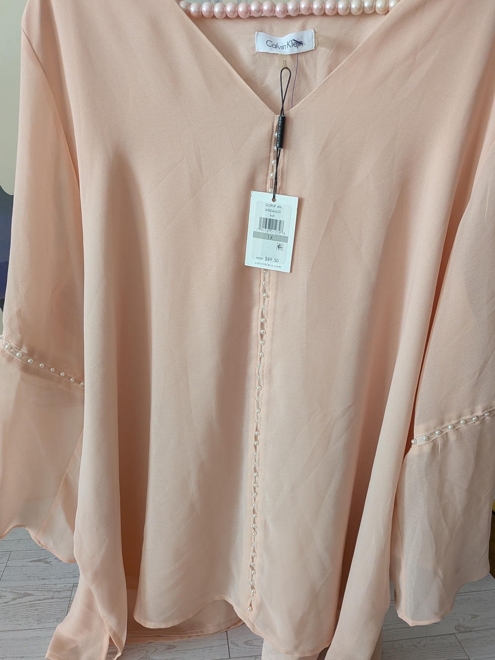 Calvin Klein Women's Peach V-Neck Blouse with Pearl Trim